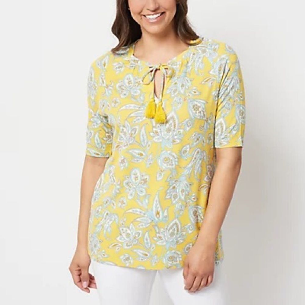 Isaac Mizrahi Live! Tassels and Elbow Sleeves Printed Ponte Top